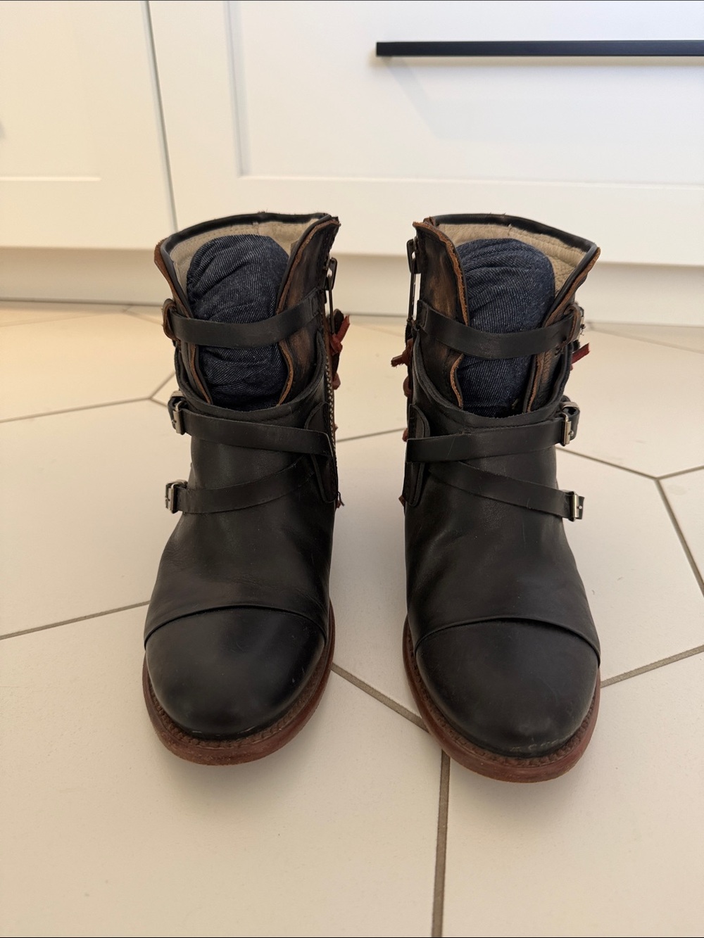 Freebird by Steven Black Distressed Leather Buckle Strap Ankle Boots - Picture 7 of 10